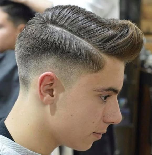 Classic side part with a high fade, side profile